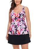 FULLFITALL - Pink Floral V-NECK  Flowy Tankini With A-Line Swim Skirt