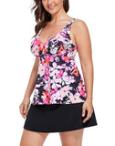 FULLFITALL - Pink Floral V-NECK  Flowy Tankini With A-Line Swim Skirt